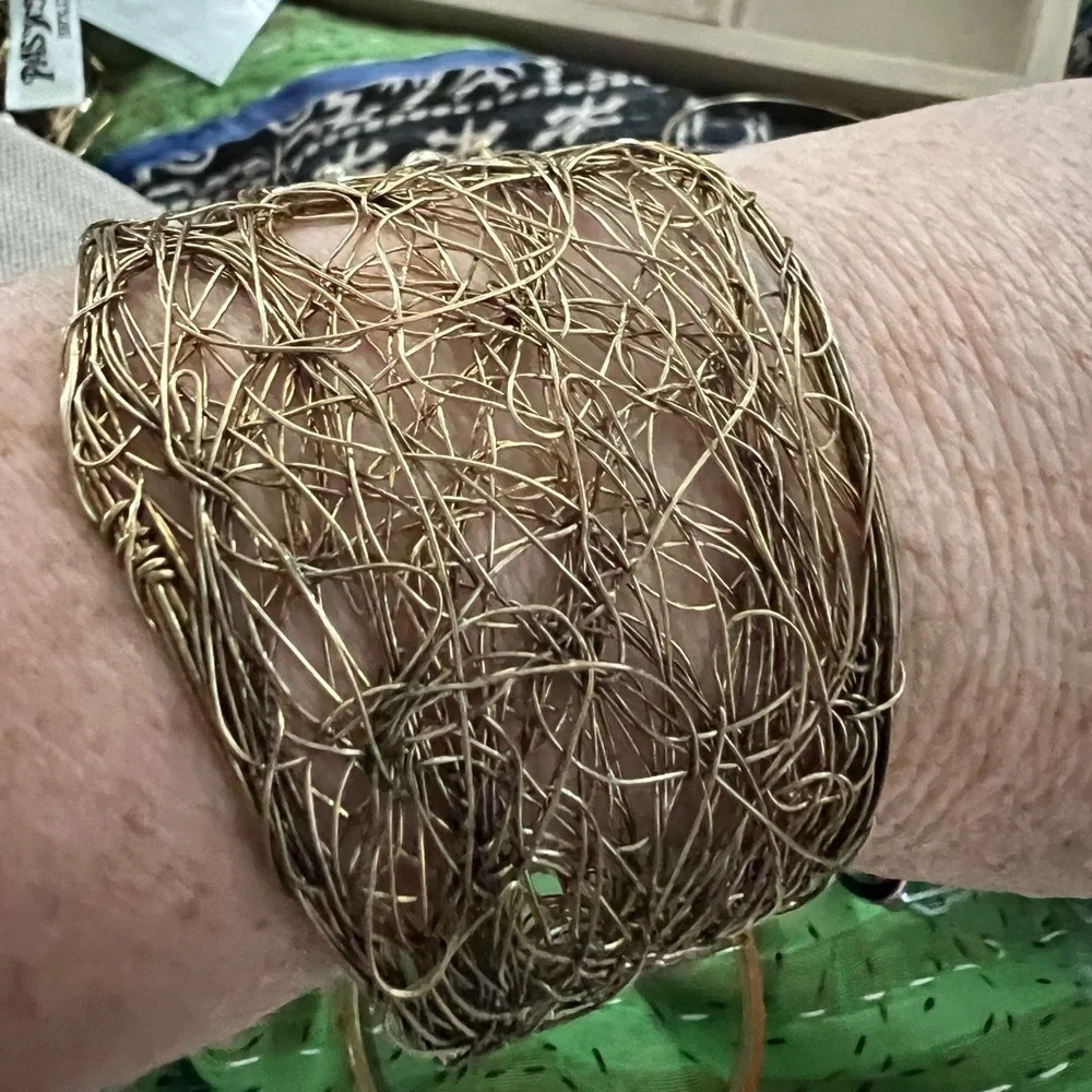Artisan Wire Wrapped Cuff Bracelet Gold / Brass Tone Open Weave Statement